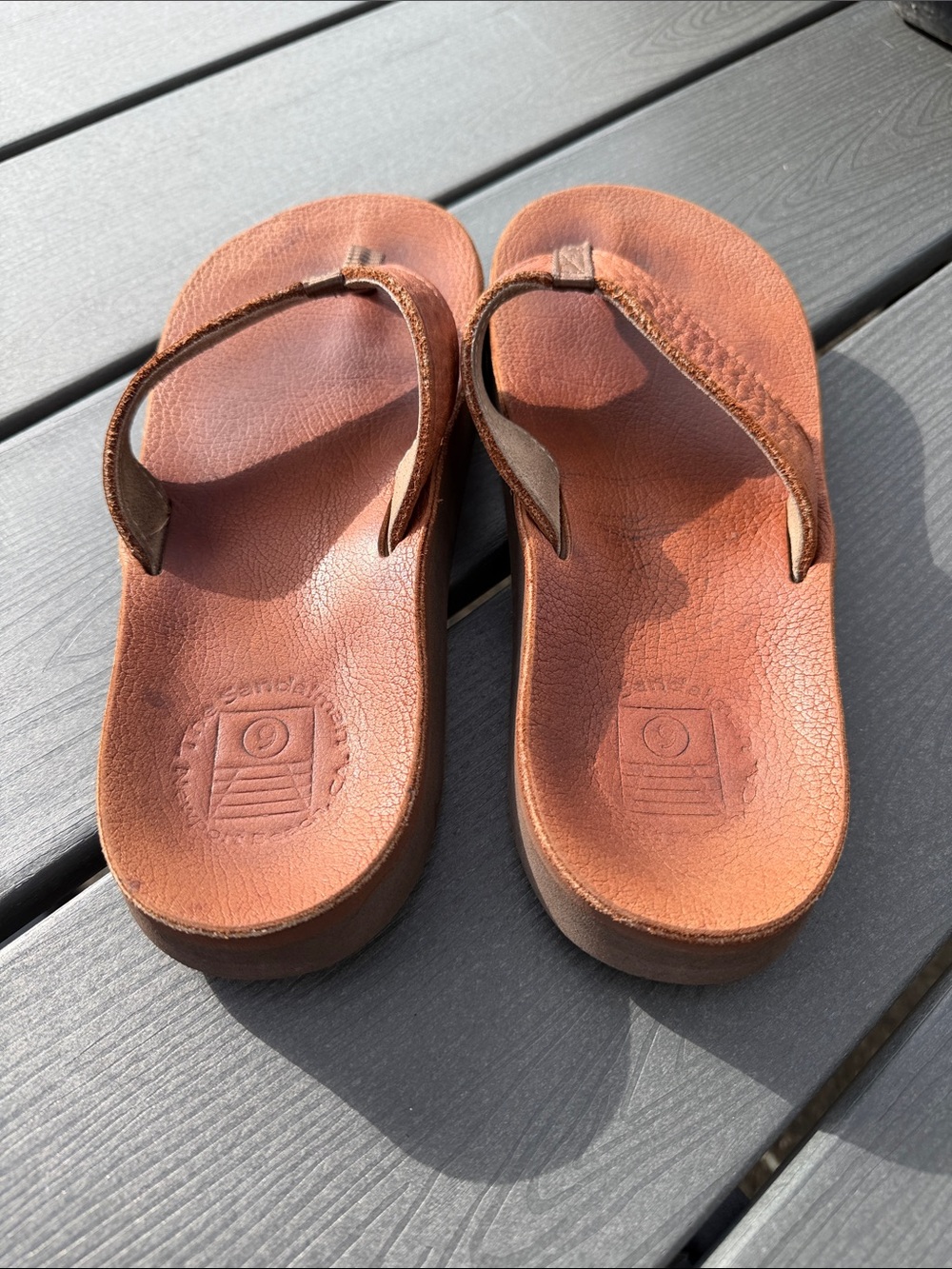 Men's Brown Leather Flip-Flop Sandals Vibram Soles - Picture 3 of 12